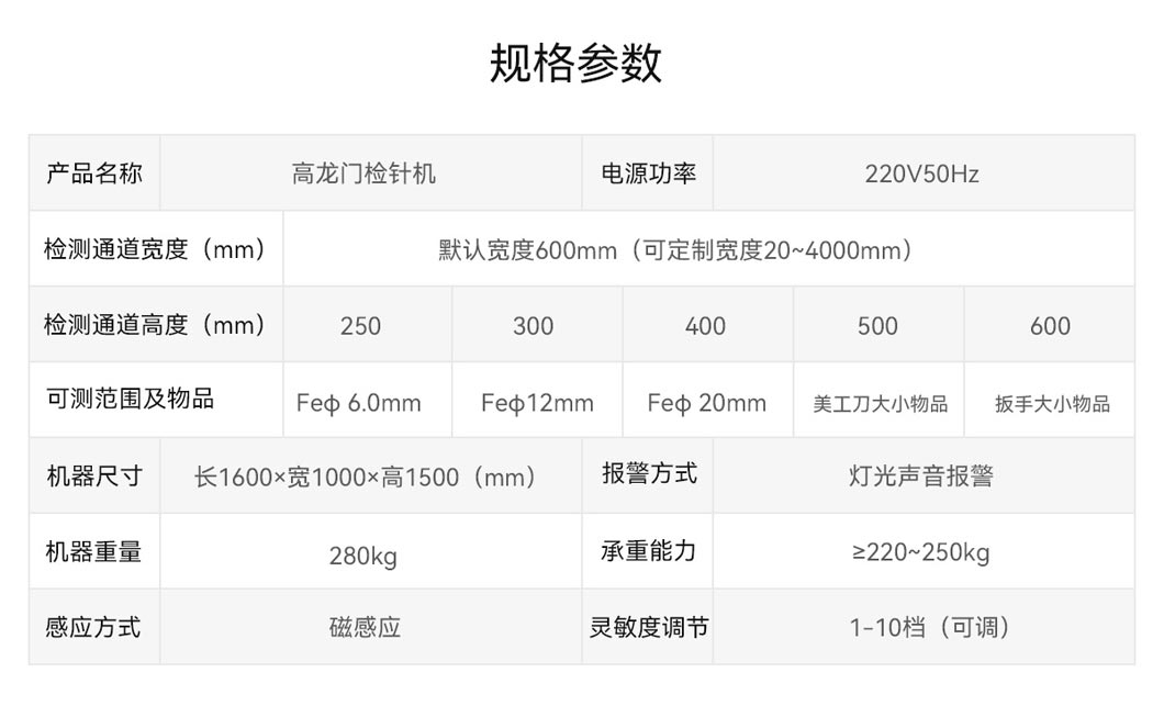 高龙门检针机参数